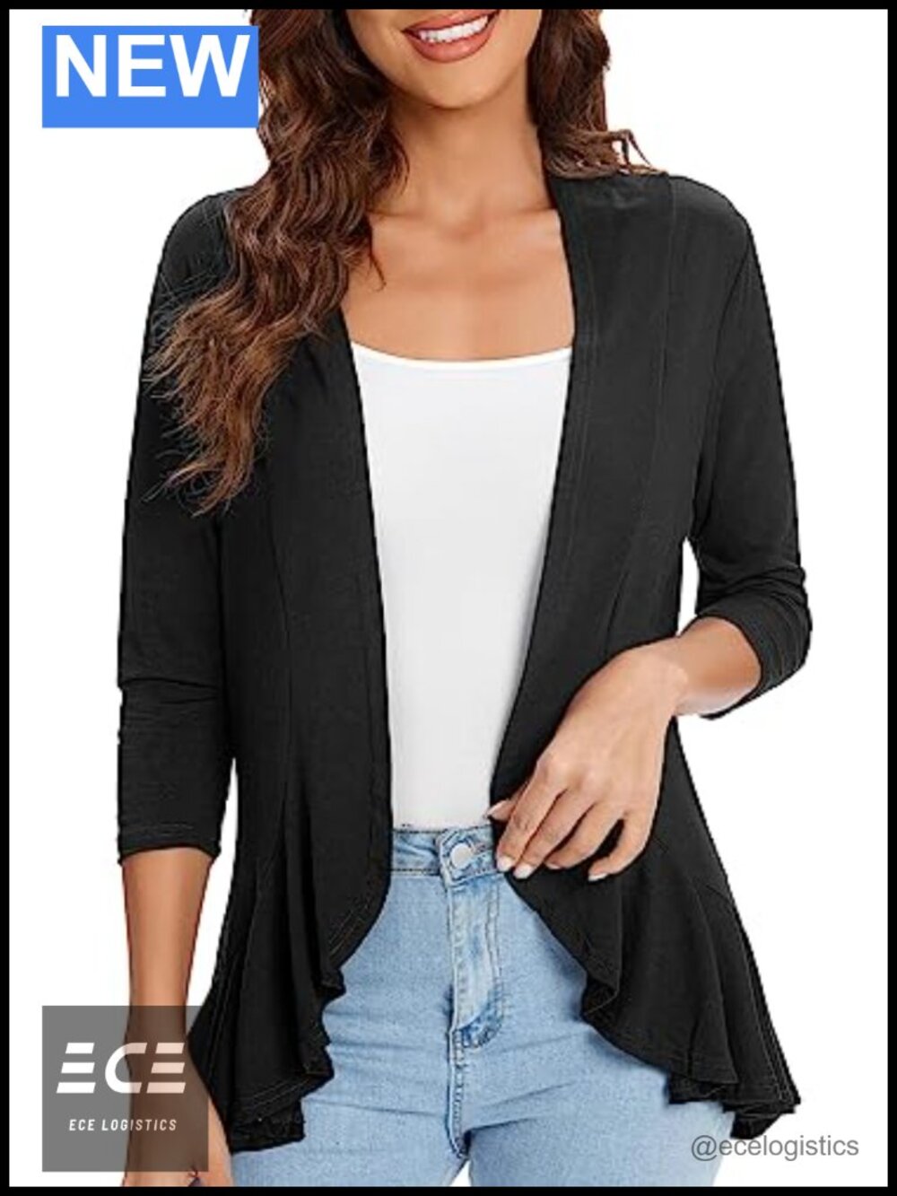 Lightweight Open Front Cardigan 3/4 Sleeve Draped Ruffles Viscose Spandex Cover
